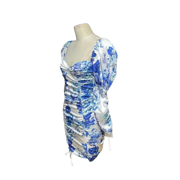 For Love & Lemons Hyacinth Drawstring Ruched Mini Dress Blue White Size XS - Picture 5 of 12